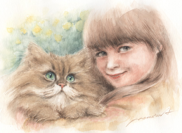 猫のギャラリー　チンチラ猫と微笑む少女の水彩画　chinchilla-cat-smile-girl-watercolor
