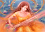 蓮の池で音楽を奏でる弁財天の絵−サラスバティーcg-fanatasy-benzaiten-Saraswati