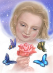 バラを見つめる天使と蝶の絵　cg-fantasy Butterfly and rose and angel.