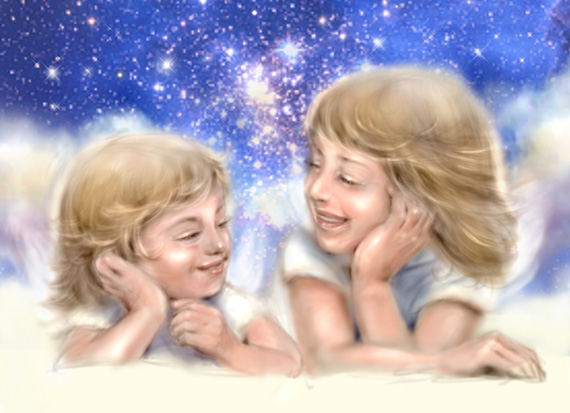 頬杖する２人の天使の絵　CG fantasy two angels