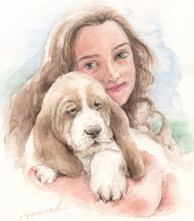 バッセルハウンド　仔犬と少女の絵 水彩画　watercolor-basset-hound-dog-17-girl-p-image.jpg