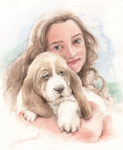 バッセルハウンド　仔犬と少女の絵 水彩画　watercolor-basset-hound-dog-17-girl-p-image