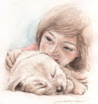 子犬と少女　犬の絵　犬の肖像画・似顔絵　水彩画　dog-no.14