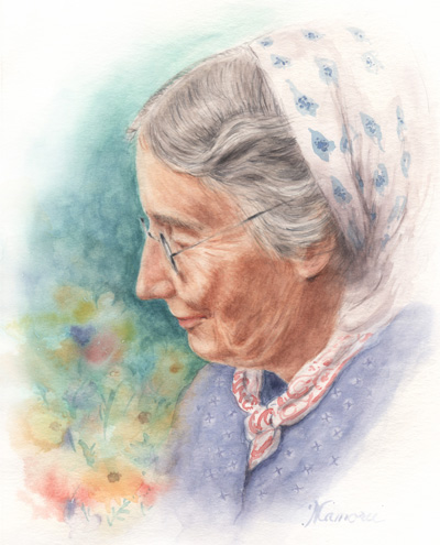 ターシャ・テューダーさん　人物水彩画　tasha-tudor-portrait-watercolor