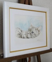 猫の水彩画を入れた白色の額　cat-frame-white