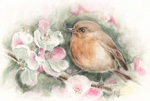 花木と小鳥の絵　水彩画　watercolor-bird